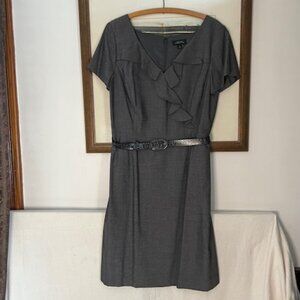 Vintage TAHARI Ruffle Neck Belted Lined Grey Dress With Short Sleeves